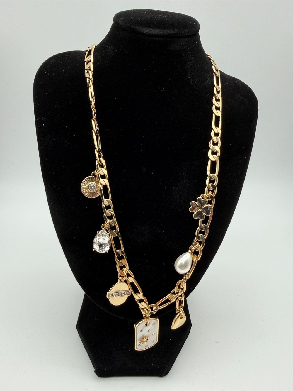 Gold-Tone Charm Necklace with Pearl, Crystal & Medallions